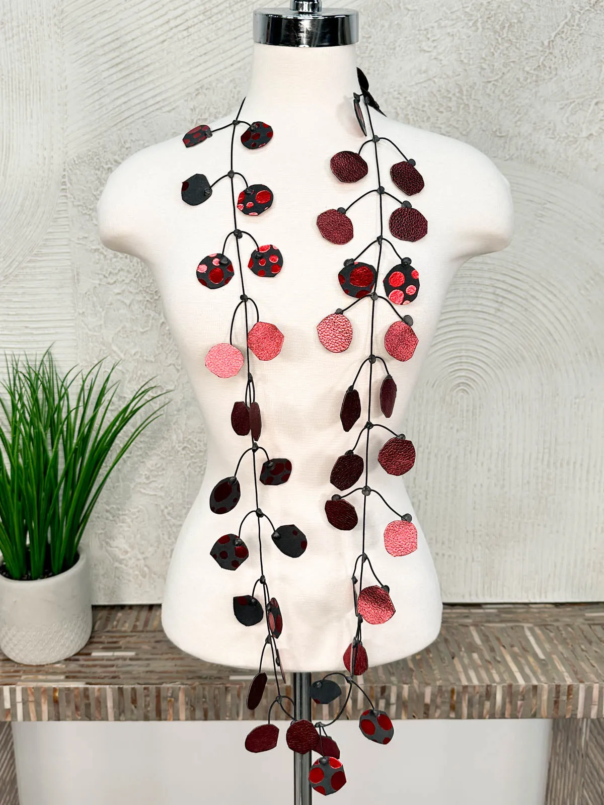 Metallic Polka Dot Double Faced Necklace, Burgundy/Red