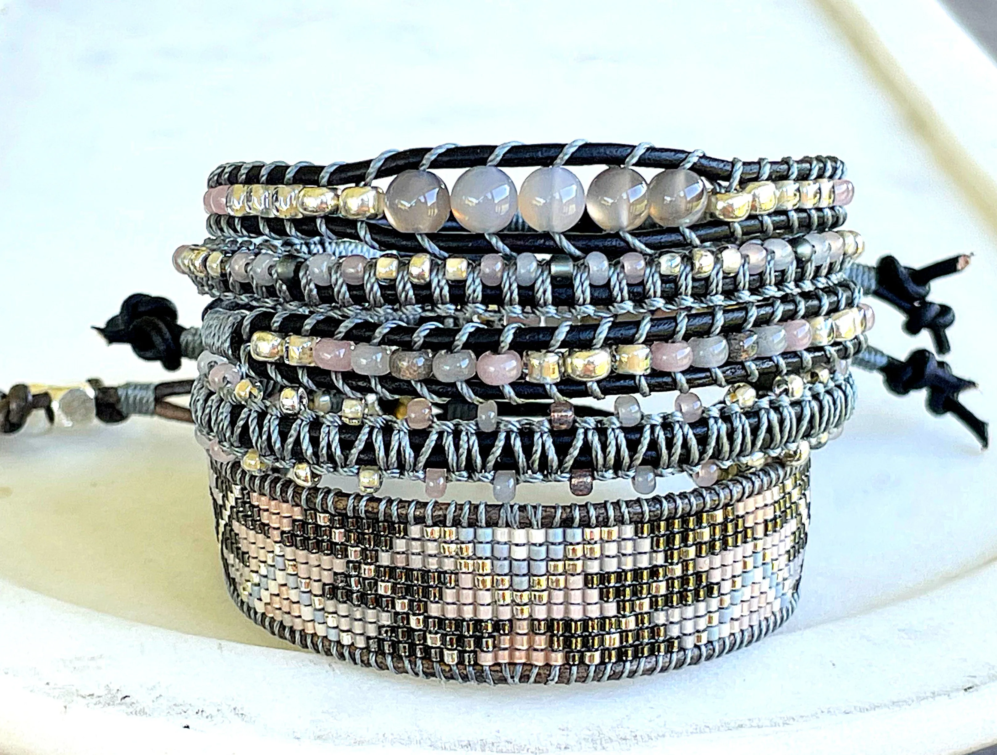 Neutral Gray Beige Western Bead Loom Woven and Macrame Bracelet Set