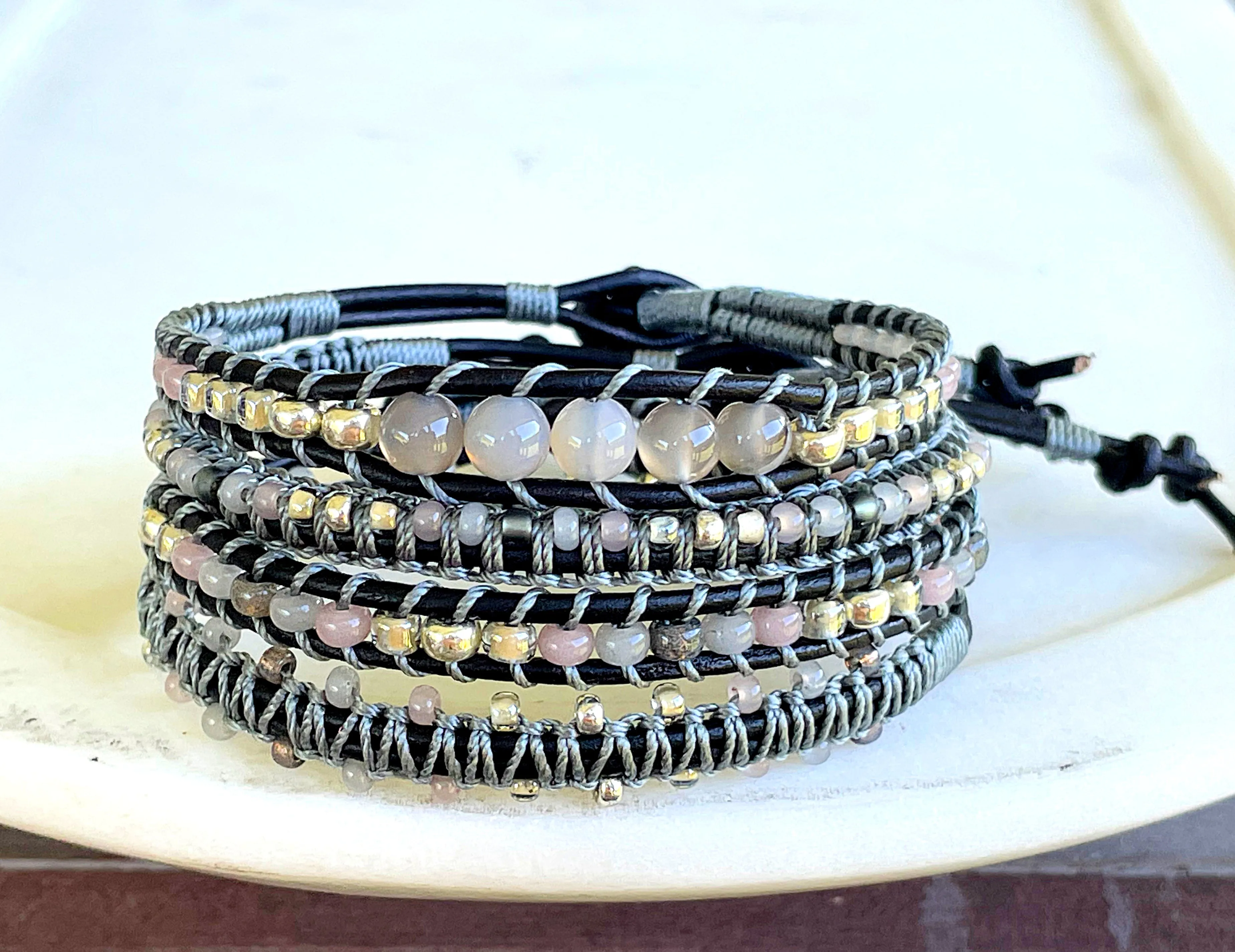 Neutral Gray Beige Western Bead Loom Woven and Macrame Bracelet Set