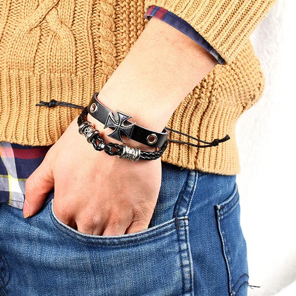 New Design Fashion Vintage metal Cross Adjustable Bracelet jewelry Multilayer Leather men Bracelet