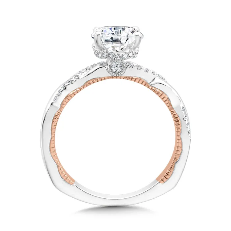 Oval-Cut Diamond & Two-Tone, Milgrain-Beaded, Crisscross Hidden Halo Engagement Ring