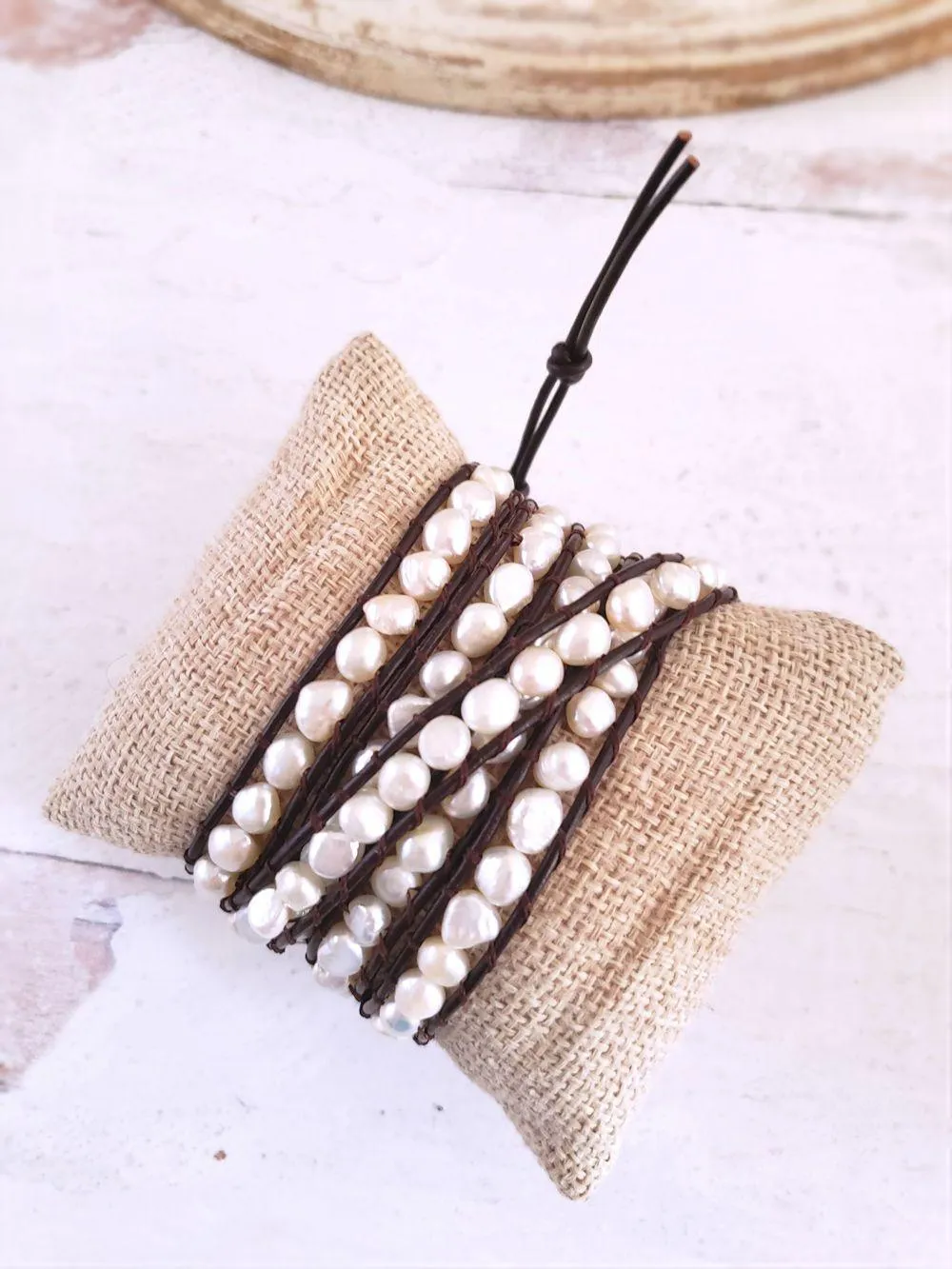 Pearl and Leather Bracelet - White Pearls