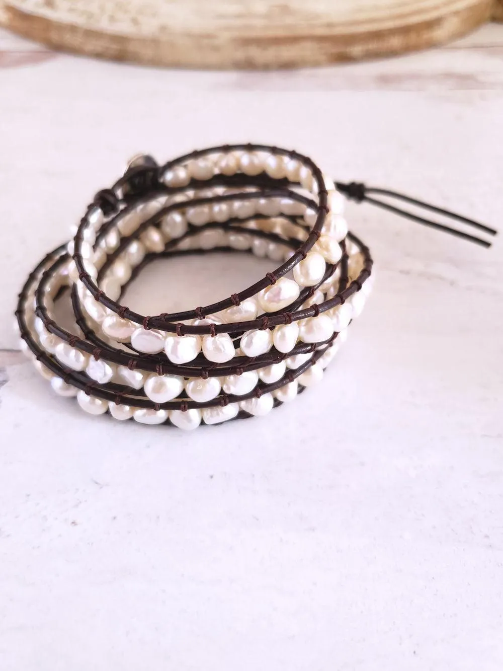 Pearl and Leather Bracelet - White Pearls