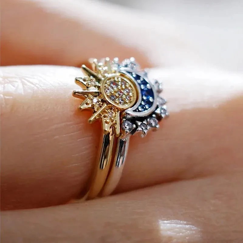 Personality Opening Adjustable Sun And Moon Ring Overlapping Wear Rings For Women Girls Trendy Fashion Finger Jewelry Gifts