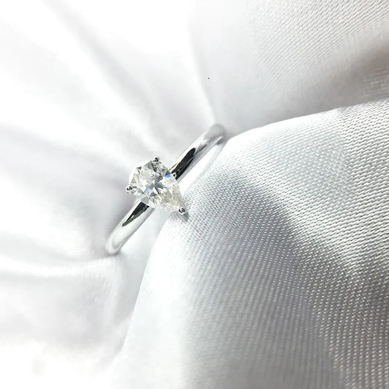 Platinum Plated Silver Pear Cut Solitaire Moissanite Ring .5ct