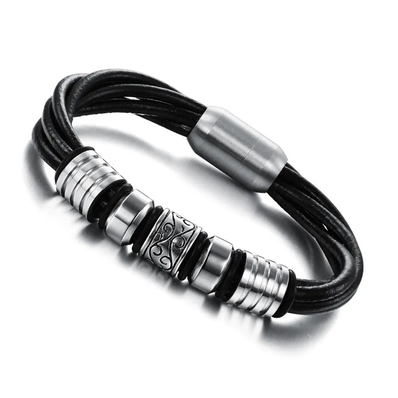 Punk Rock Design Multilayer Leather Man Bracelets Fashion Stainless Steel Magnet Buckle Cool Men Jewelry Rope Chain