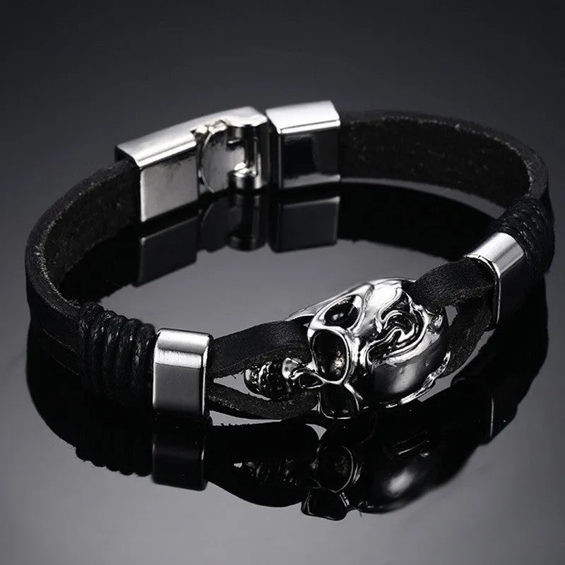 Punk Rock Mens Black Durable Leather Bracelets Gothic Skull Cuff Bangle Stainless Steel Skeleton Pulseiras Masculinas