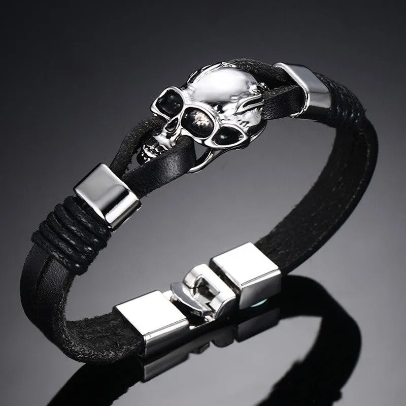 Punk Rock Mens Black Durable Leather Bracelets Gothic Skull Cuff Bangle Stainless Steel Skeleton Pulseiras Masculinas