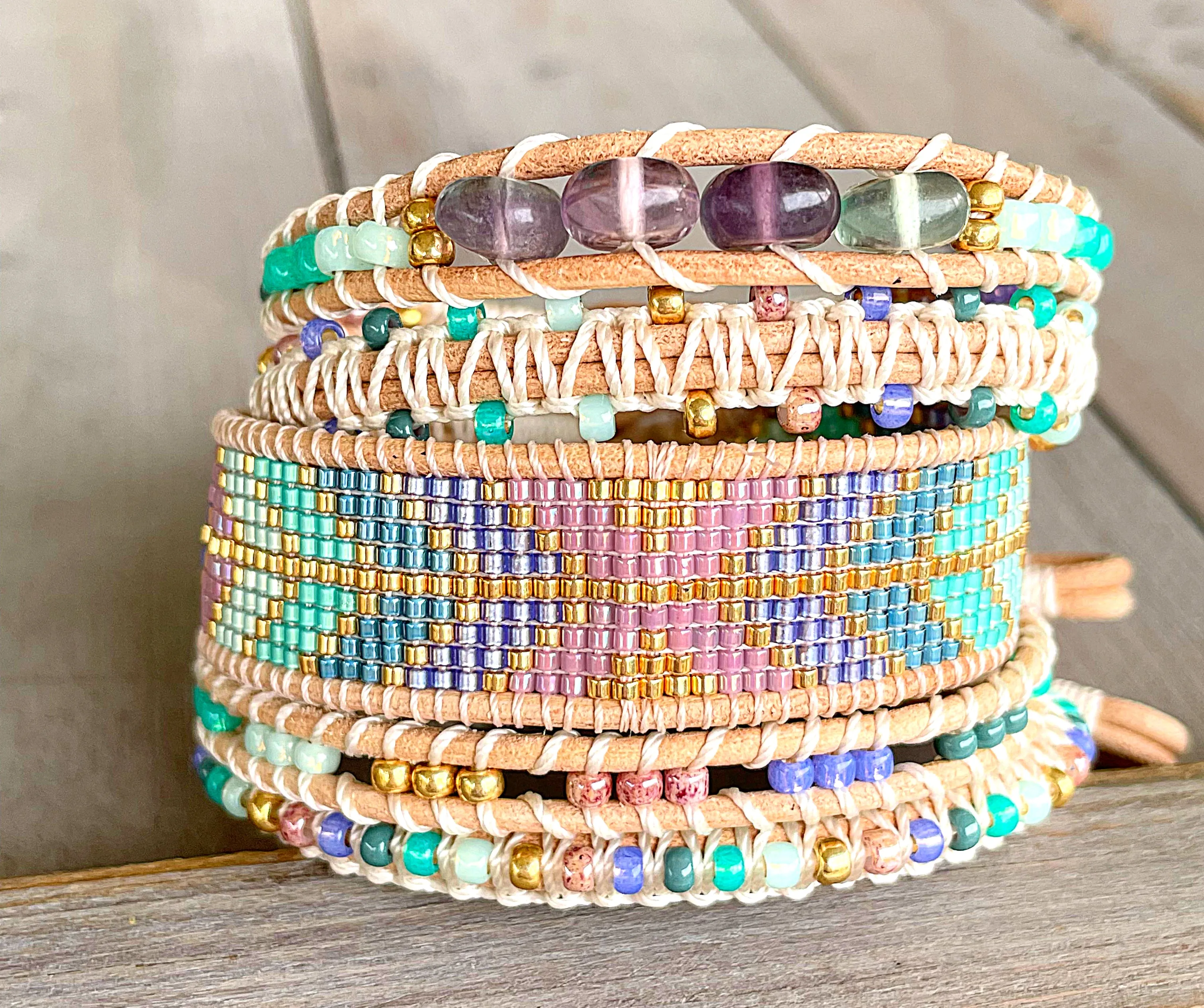 Purple, Green, Gold Beaded Macrame Bracelet and Geometric Arrow Loom Woven Set