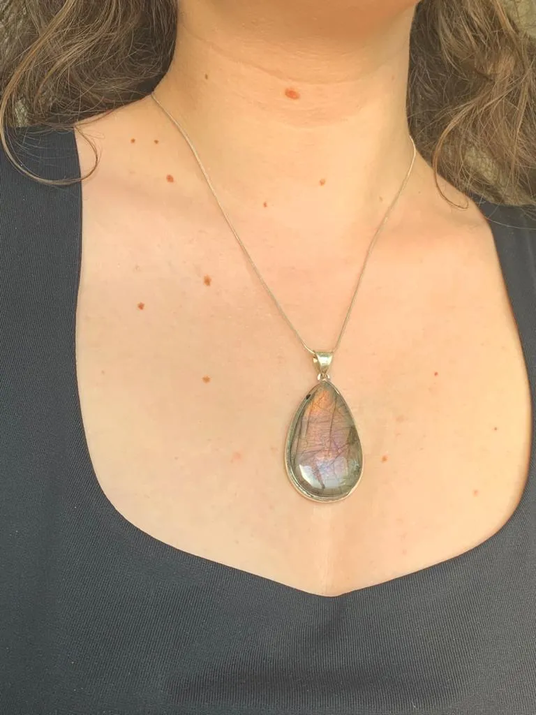 Rare Pink Labradorite Naevia Pendant - XLarge Drop