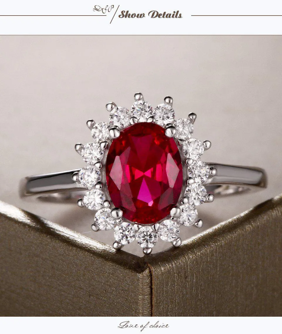 Real 925 Sterling Silver Nano Red Gemstone Ruby Princess Diana Rings For Women