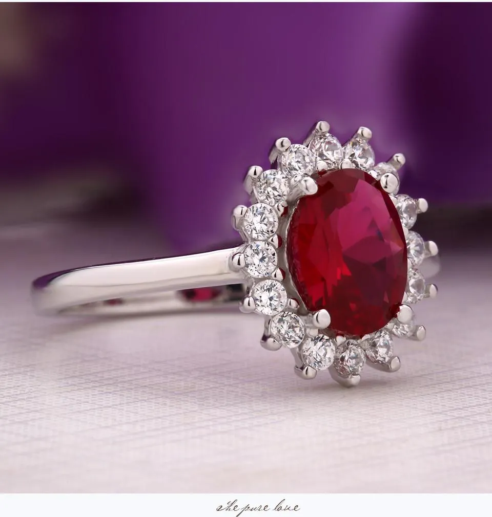 Real 925 Sterling Silver Nano Red Gemstone Ruby Princess Diana Rings For Women