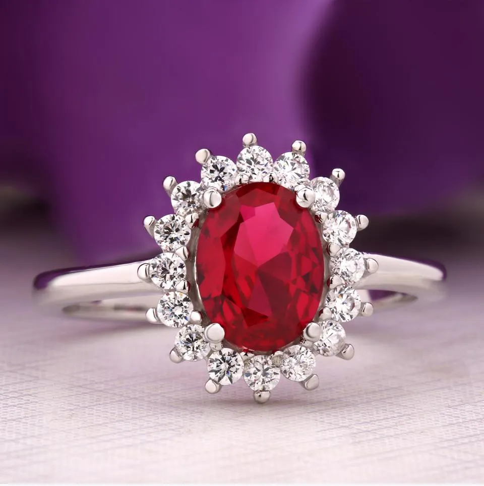 Real 925 Sterling Silver Nano Red Gemstone Ruby Princess Diana Rings For Women