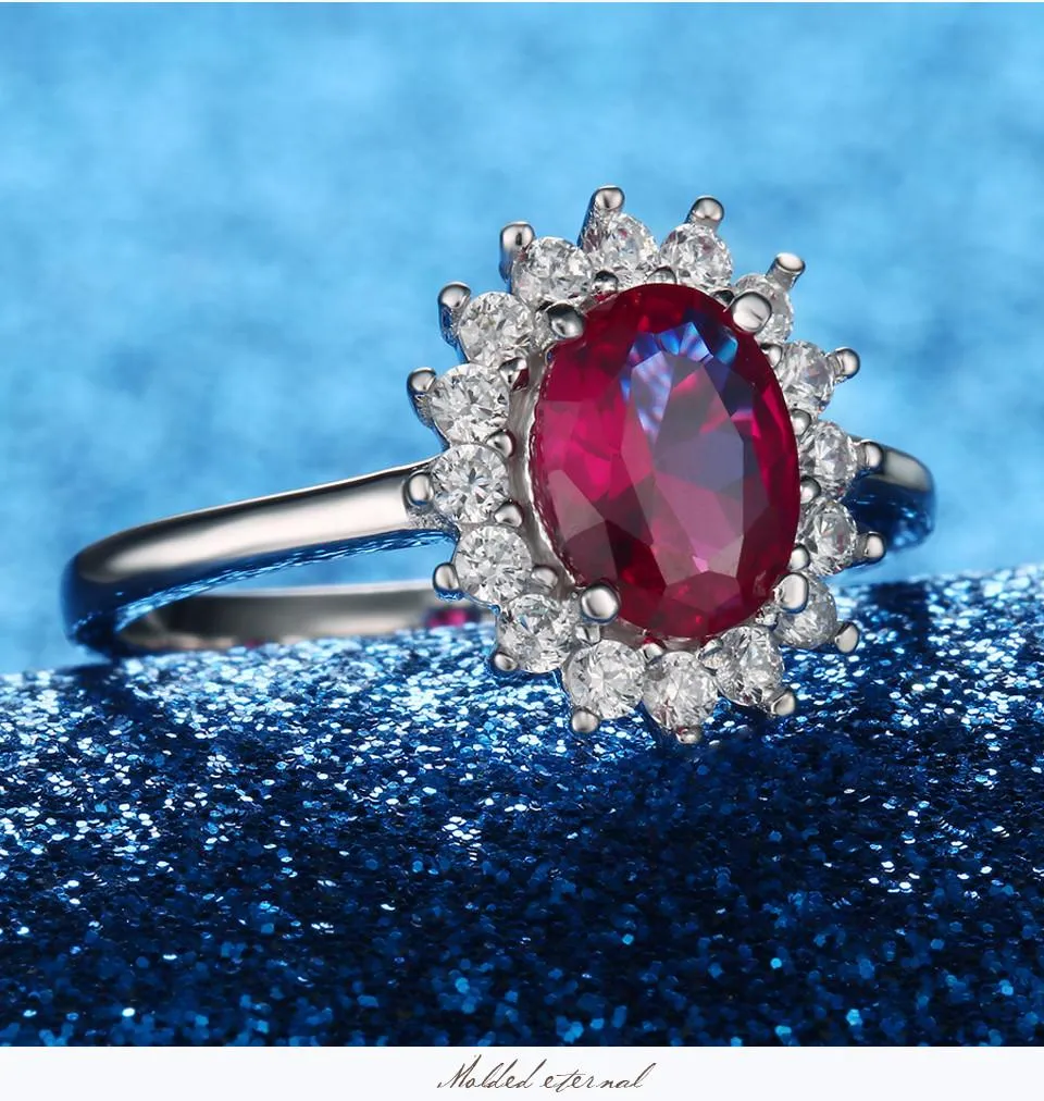 Real 925 Sterling Silver Nano Red Gemstone Ruby Princess Diana Rings For Women