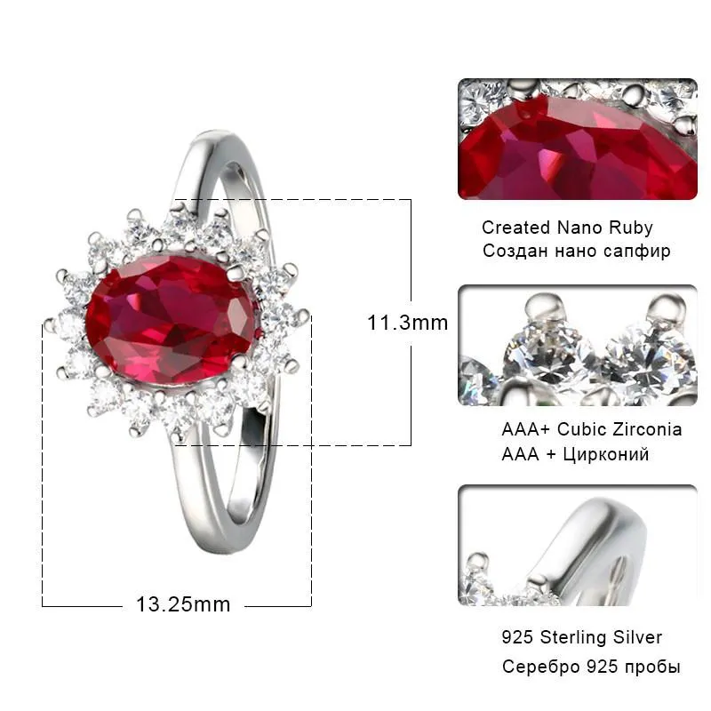 Real 925 Sterling Silver Nano Red Gemstone Ruby Princess Diana Rings For Women