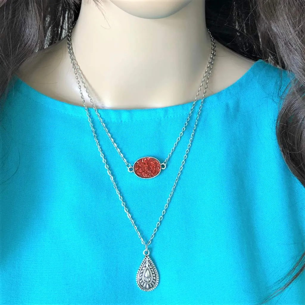 Red Druzy and Silver Charm Layered Necklace