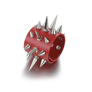 Red Leather Bracelet w/ Three Rows of Multi Sized Silver Spikes