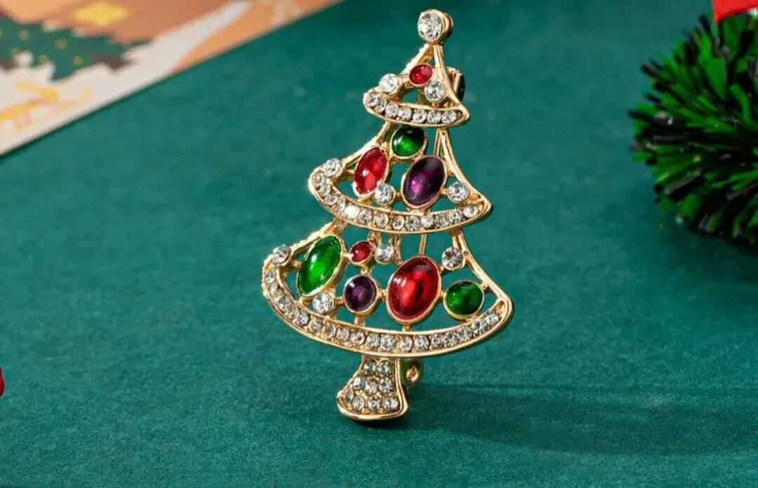 Rhinestone and Enamel Christmas Tree Brooch