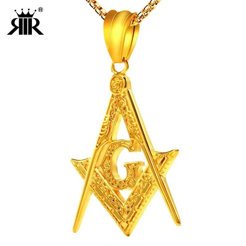 RIR Silver Gold Color Masonic Pendant Charm Men Women Pendant Stainless Steel Freemason Pendant Illuminati Necklace Collar Chain