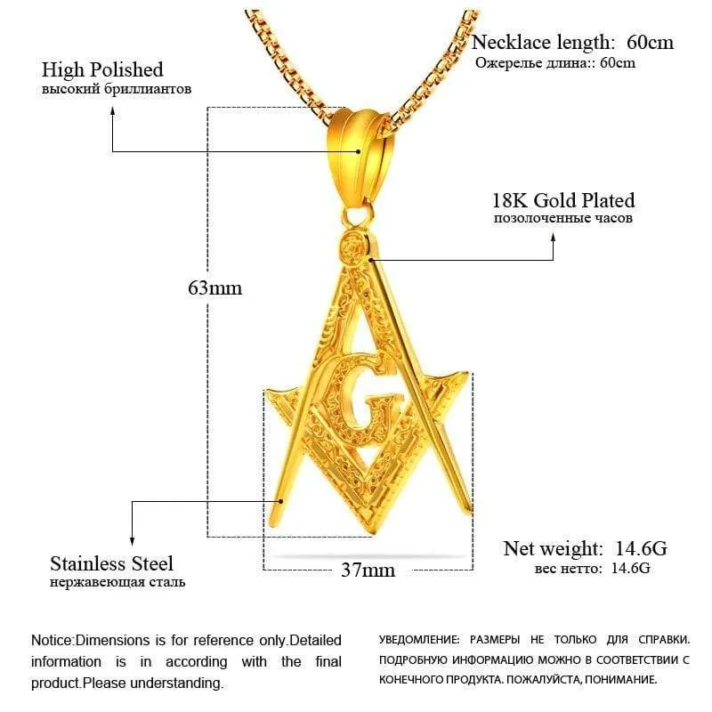 RIR Silver Gold Color Masonic Pendant Charm Men Women Pendant Stainless Steel Freemason Pendant Illuminati Necklace Collar Chain