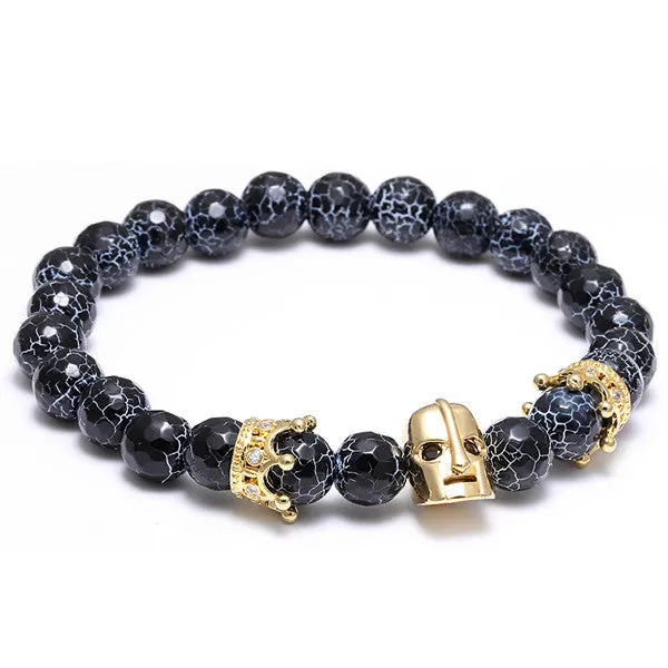 Roman Knight Spartan Warrior Gladiator Helmet Bracelet Men Natural Agate Weathered rocks Stone Bead Bracelet With Crown CZ Charm