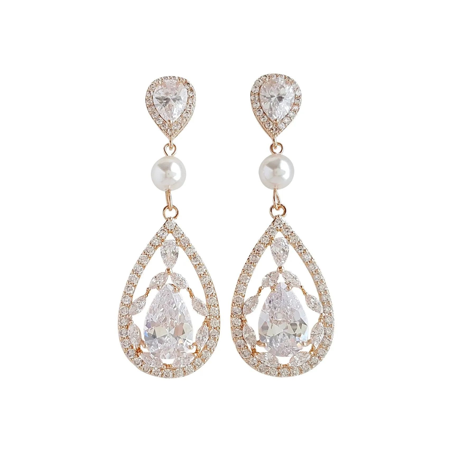 Rose Gold Clip On Earrings for Weddings with Pearls & Crystals-Esther