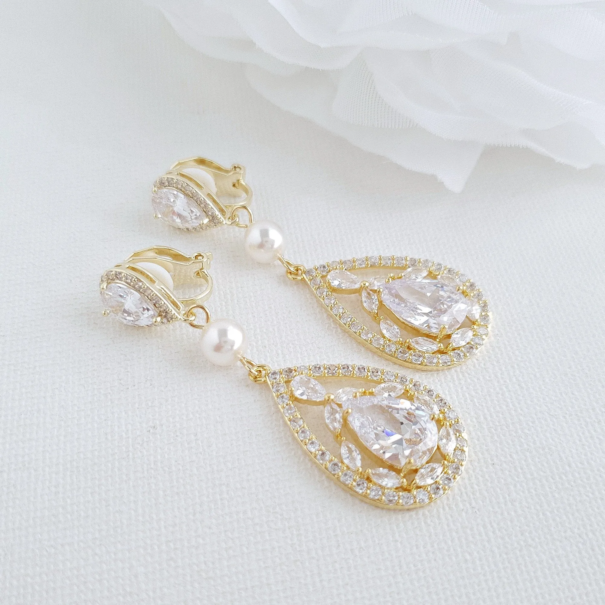 Rose Gold Clip On Earrings for Weddings with Pearls & Crystals-Esther