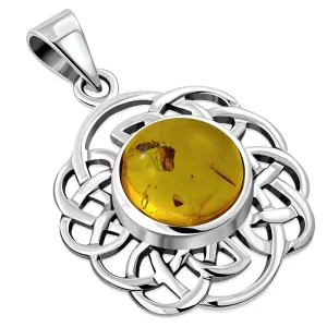 Round Celtic Knot Silver Pendant set w/ Baltic Amber