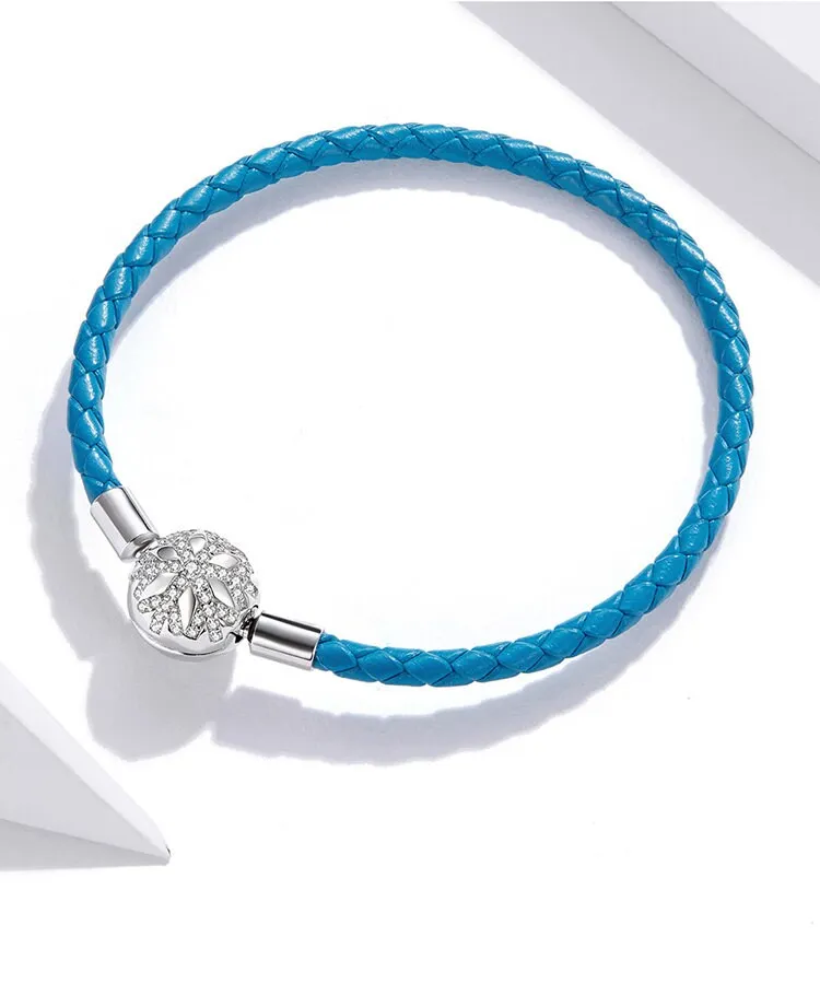 S925 Silver Charm Leather Bracelet, Blue Leather Cord Bracelet