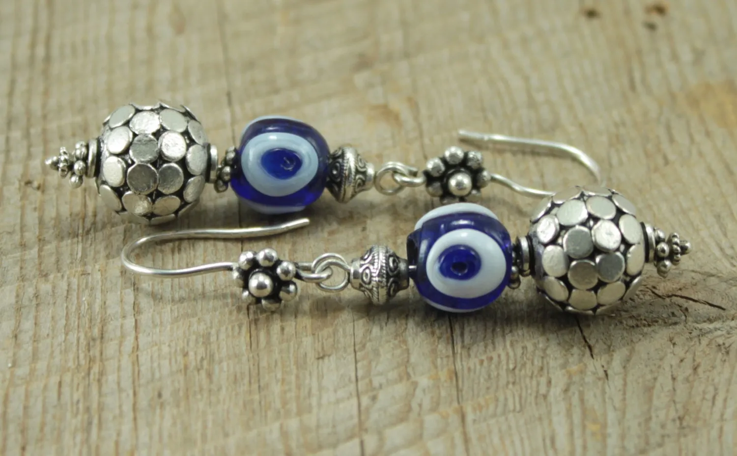 SariBlue® Istanbul Blue Mirror Ball Glass Evil Eye Bead Earrings