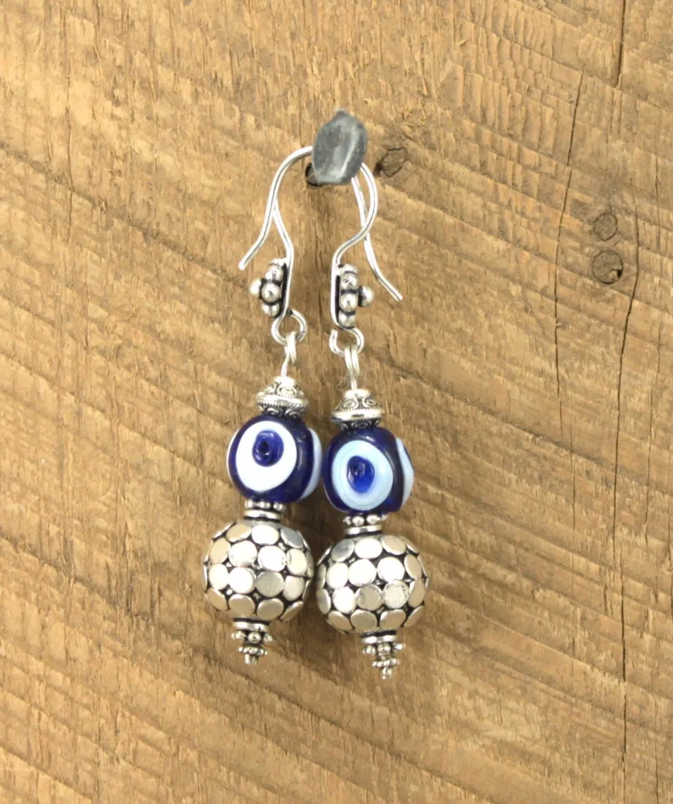 SariBlue® Istanbul Blue Mirror Ball Glass Evil Eye Bead Earrings