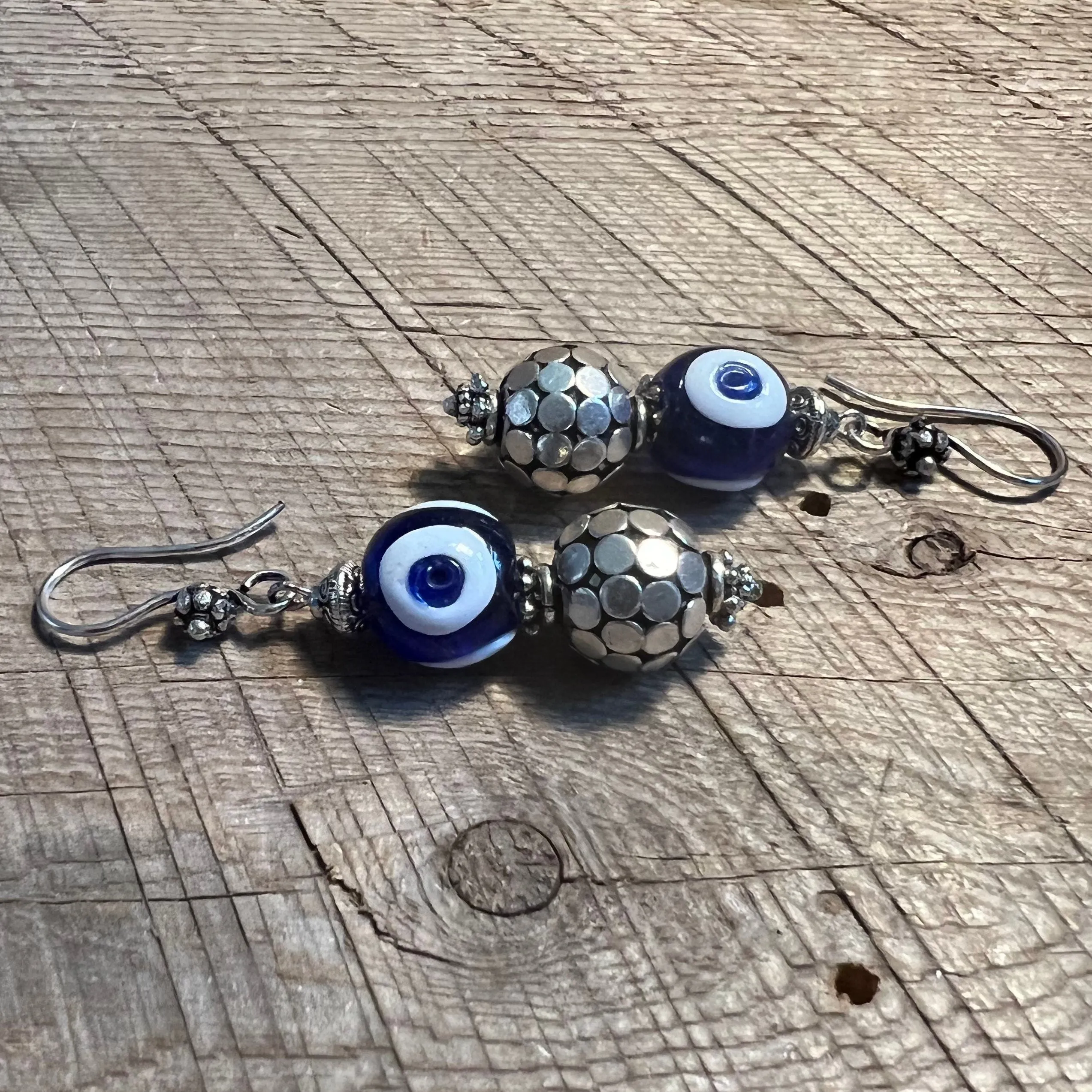 SariBlue® Istanbul Blue Mirror Ball Glass Evil Eye Bead Earrings