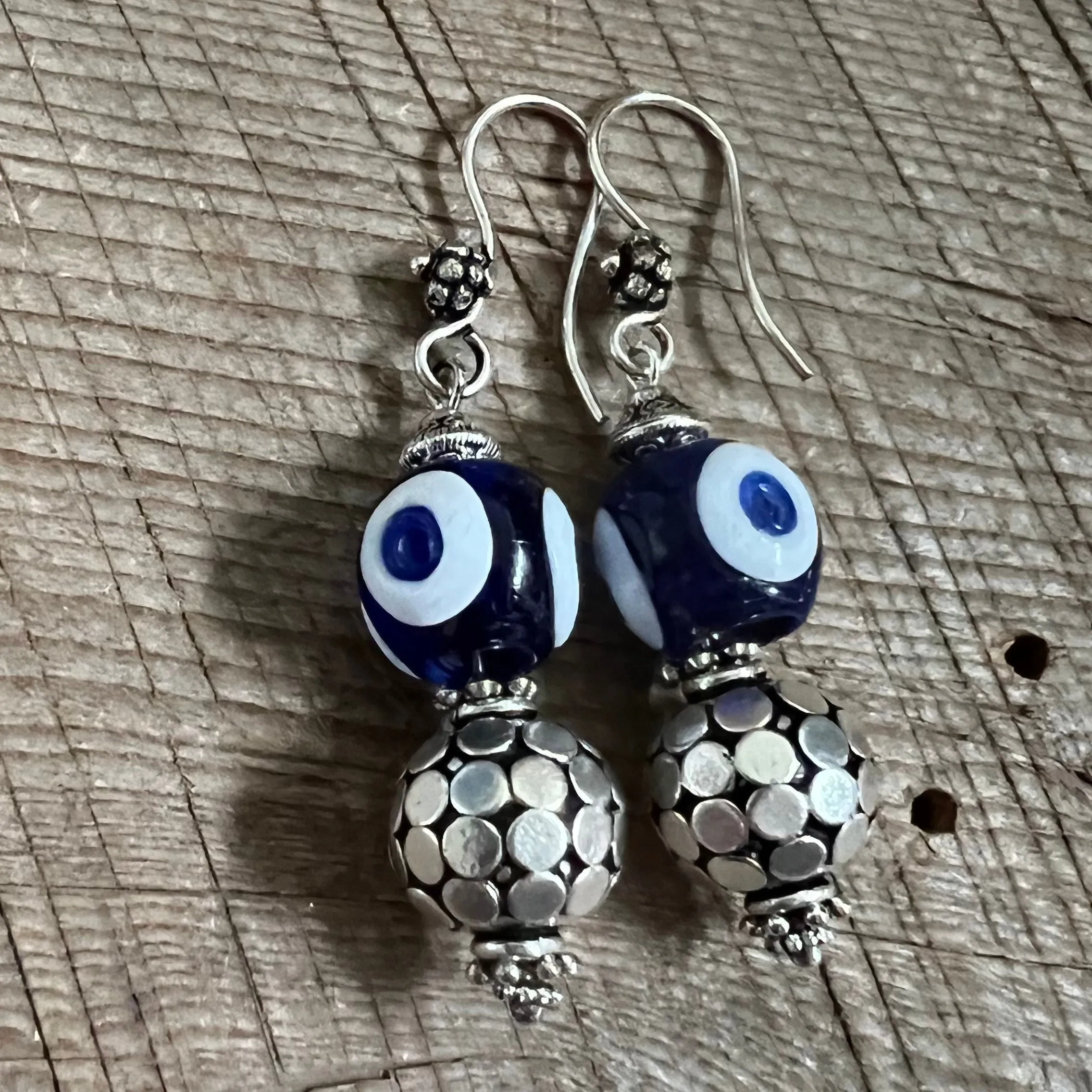 SariBlue® Istanbul Blue Mirror Ball Glass Evil Eye Bead Earrings