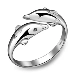 Silver Color  Jewelry Open Happy Double Dolphin Love Rings For Party Women Gift Adjustable Ring Anillos Bague VRS2196