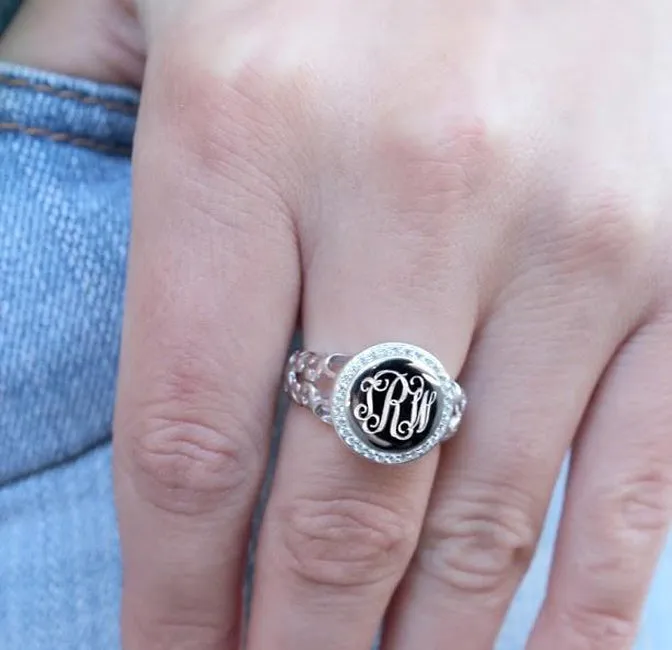 Silver CZ Rimmed Filigree Monogram Ring