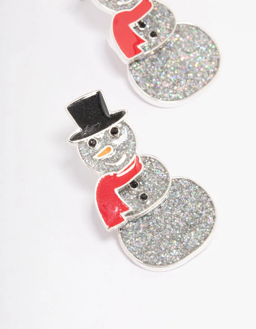 Silver Glitter Snowman Drop Earrings