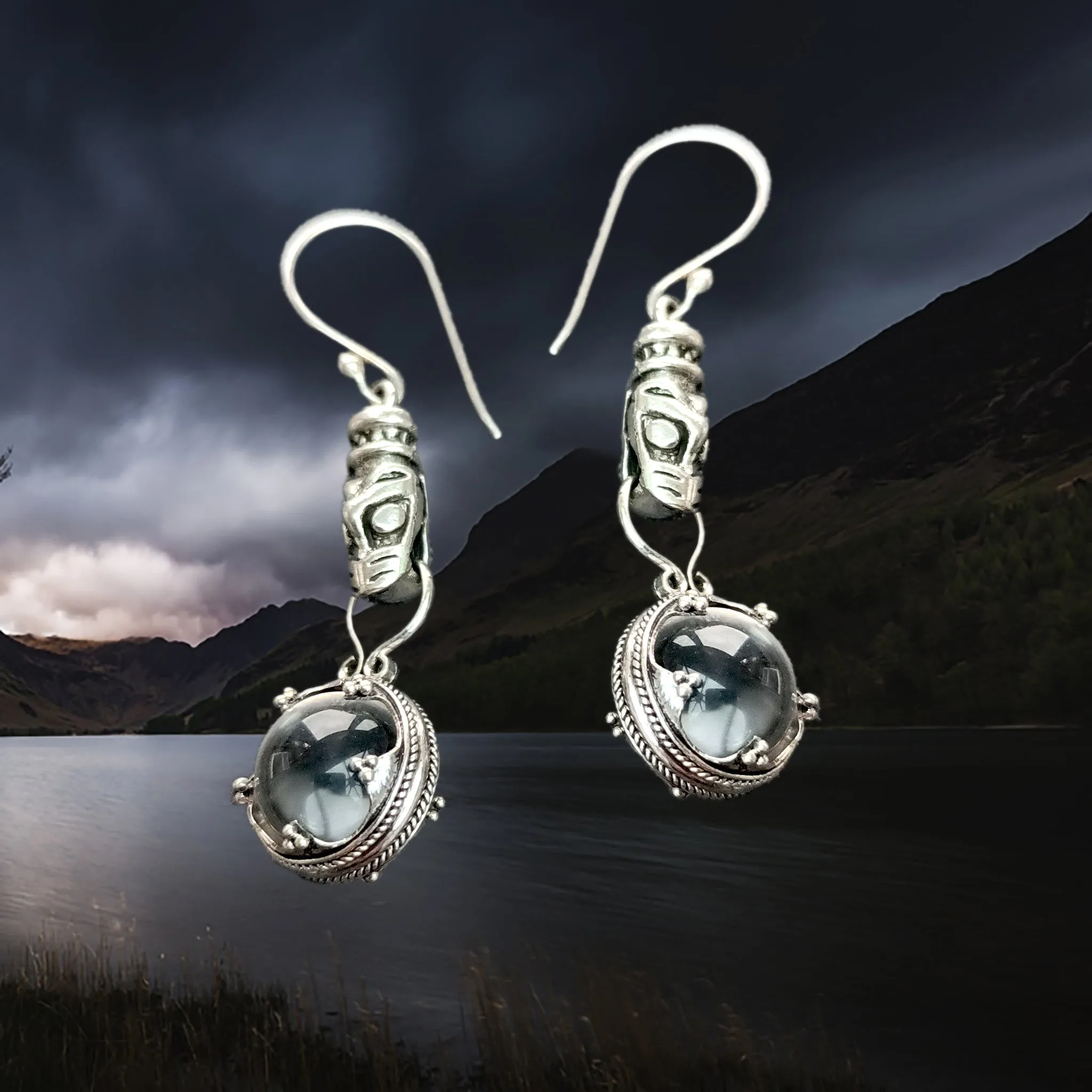 Silver Icelandic Wolf Head Crystal Ball Earrings