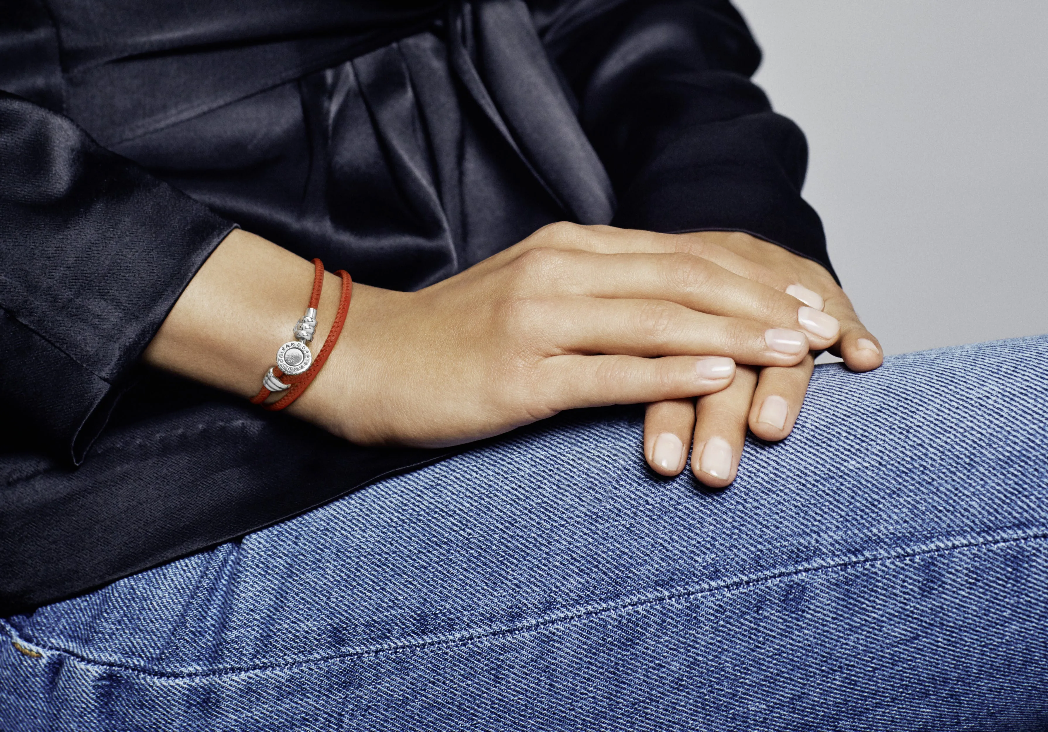 Silver leather bracelet, double,  spicy orange and clear cubic zirconia