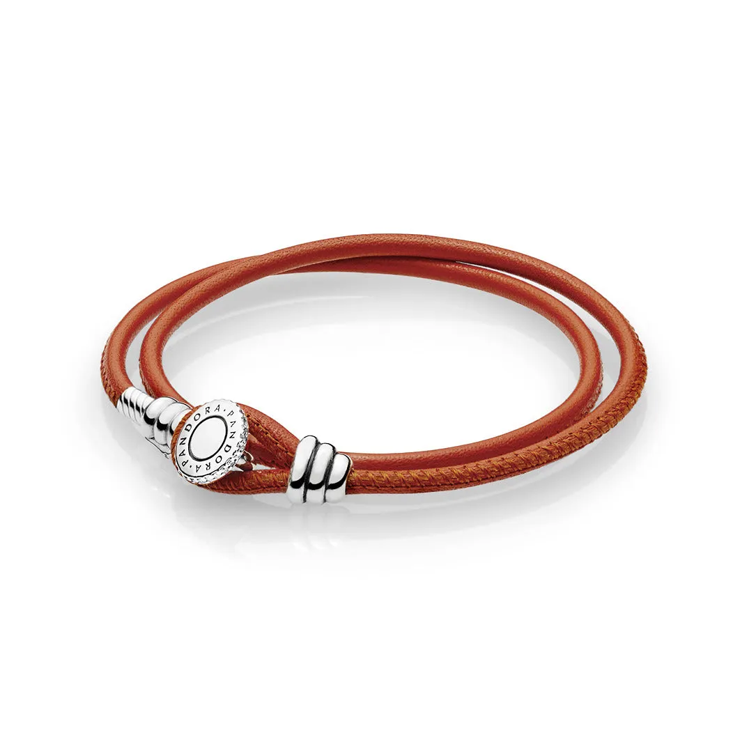 Silver leather bracelet, double,  spicy orange and clear cubic zirconia