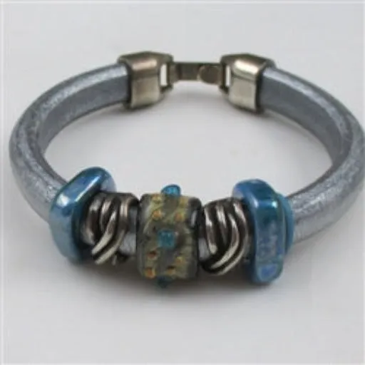 Silver Leather Bracelet with Ceramic Accents