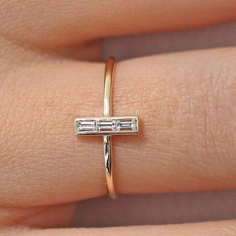 Small Square Cubic Zircon Women T Ring Engagement Wedding Band Rose Gold Silver Color Female Finger Ring Party Jewelry DBR150