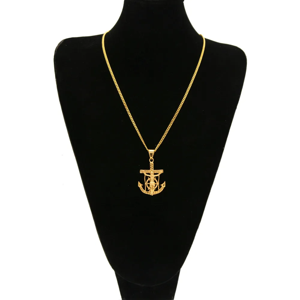 Stainless Steel Jesus Navy Anchor Cross Pendant Necklace