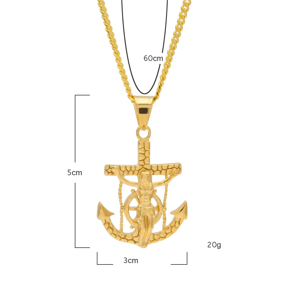 Stainless Steel Jesus Navy Anchor Cross Pendant Necklace