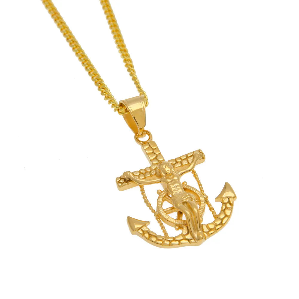 Stainless Steel Jesus Navy Anchor Cross Pendant Necklace