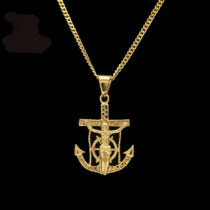 Stainless Steel Jesus Navy Anchor Cross Pendant Necklace