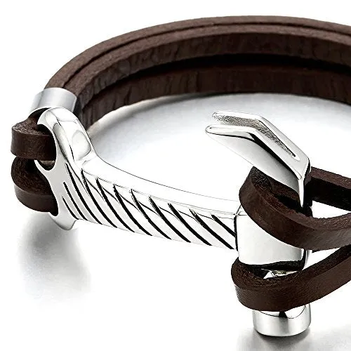 Stainless Steel Mens Hammer Bangle Bracelet Genuine Brown Leather Wristband