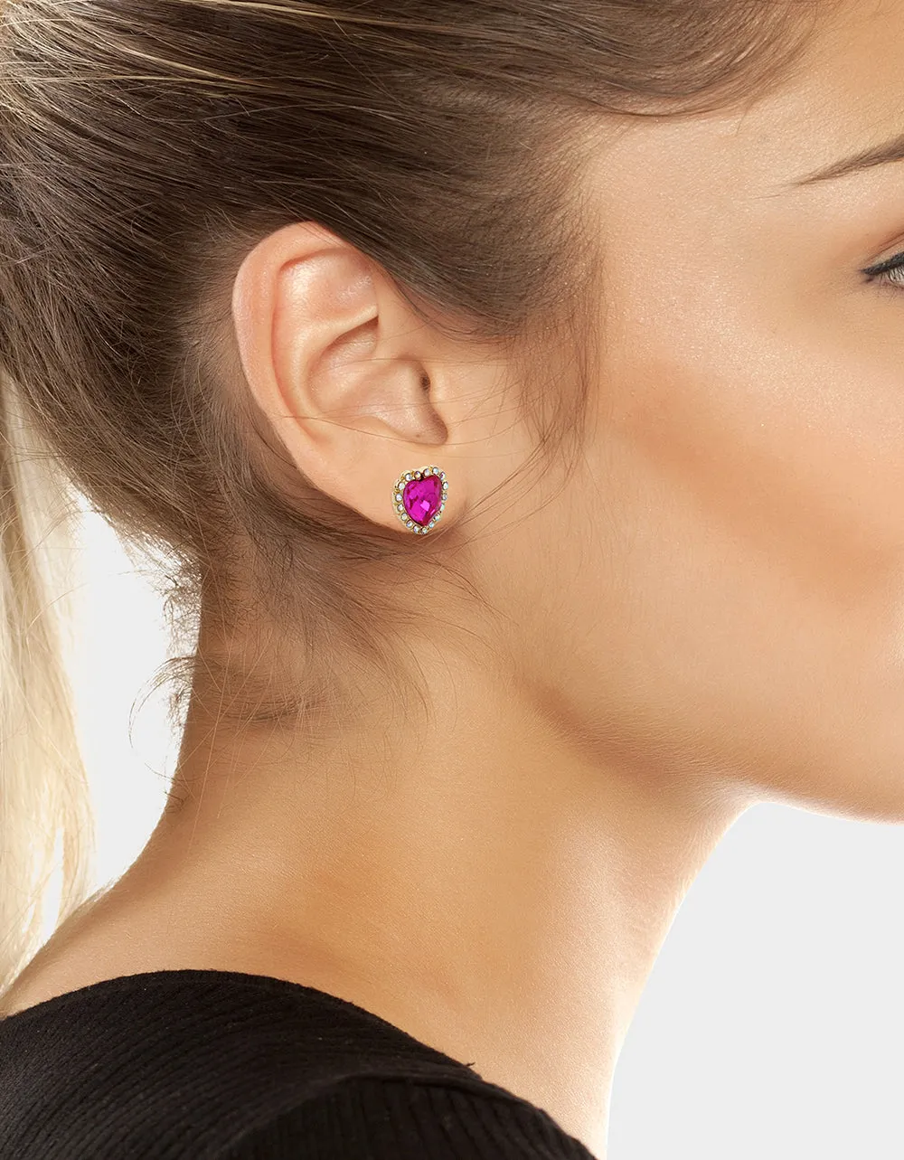 THINK PINK STONE HEART STUD EARRINGS FUCHSIA