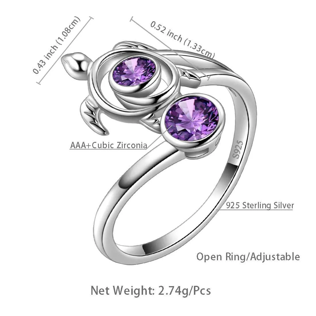 Turtle Birthstone February Amethyst Ring Women Girls Jewelry Birthday Gift Sterling Silver