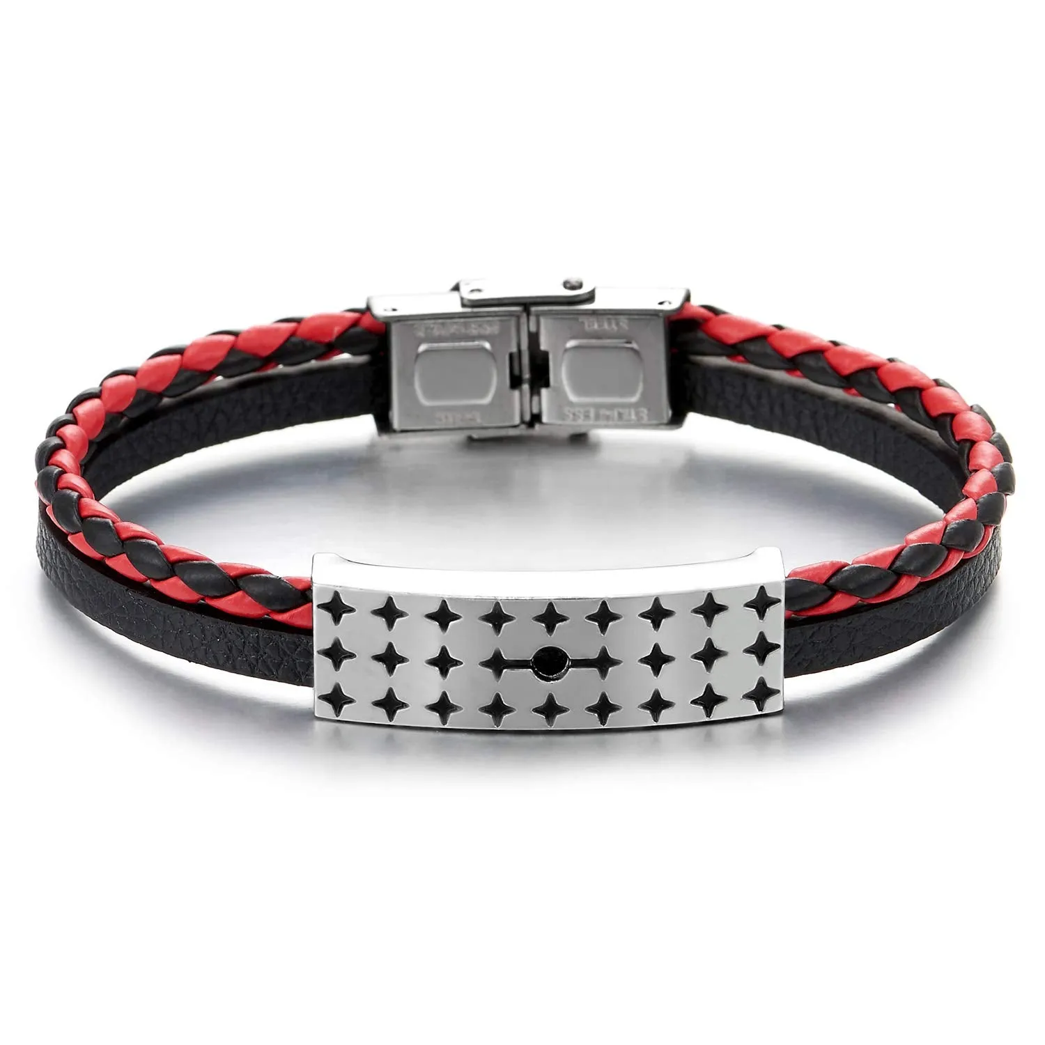 Two-Row Black Red Braided Leather Bangle Bracelet with Steel Silver Black Star ID Identification