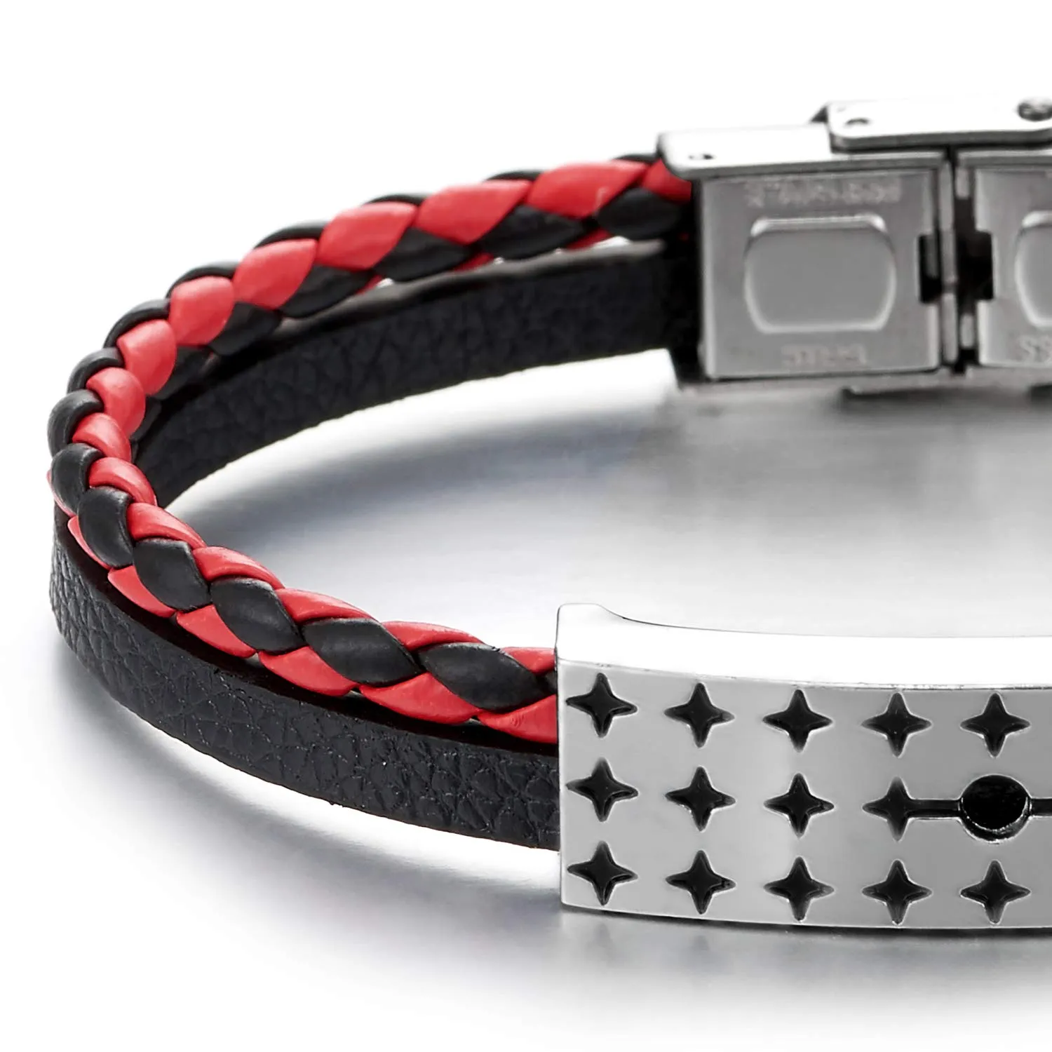 Two-Row Black Red Braided Leather Bangle Bracelet with Steel Silver Black Star ID Identification